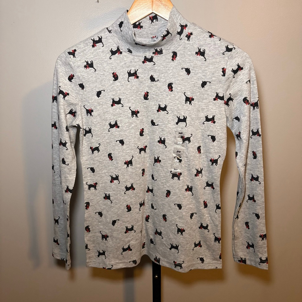 Women's KAREN SCOTT Petite Long Sleeve Tee Gray Black‎ Cat Print